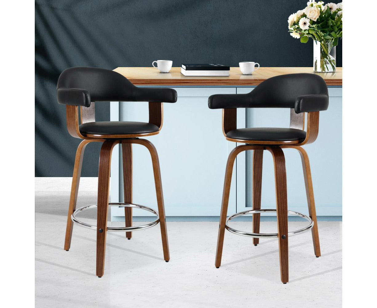 2X Bar Stools Leather Seat Wooden Legs