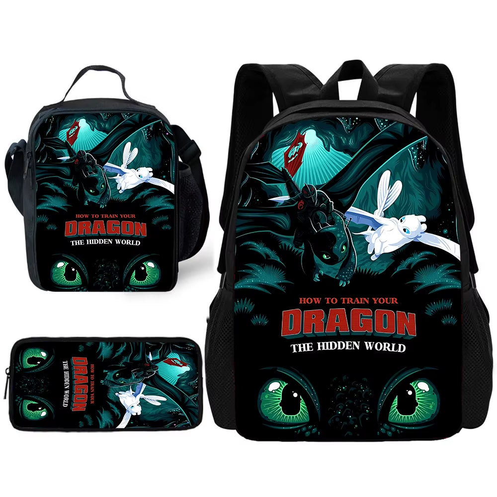 T-Toothless Child School Backpack with Lunch Bags ,Pencil Bags ,School Bags for Boys Girls Best Gift