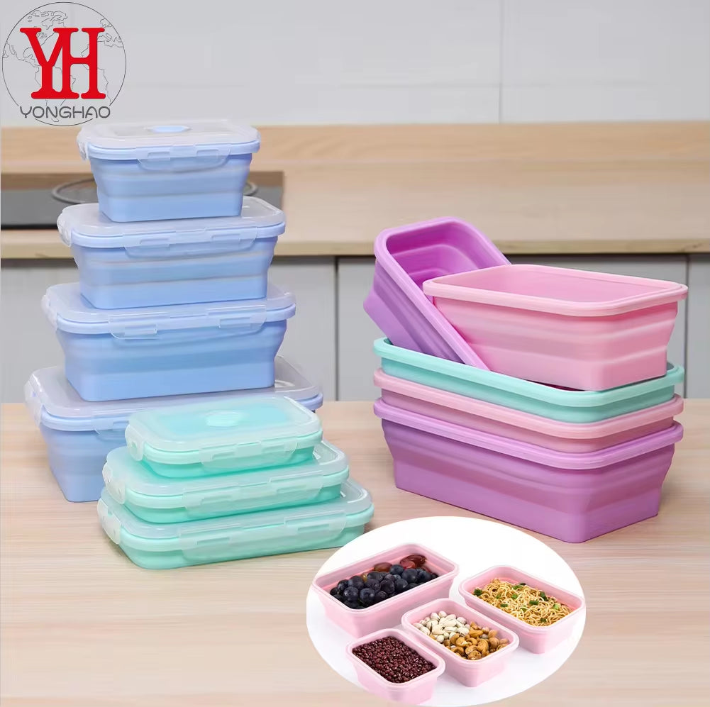 4Pcs/Set Silicone Rectangle Lunch Box Collapsible Bento Box Folding Food Container Bowl 300/500/800/1200Ml for Dinnerware