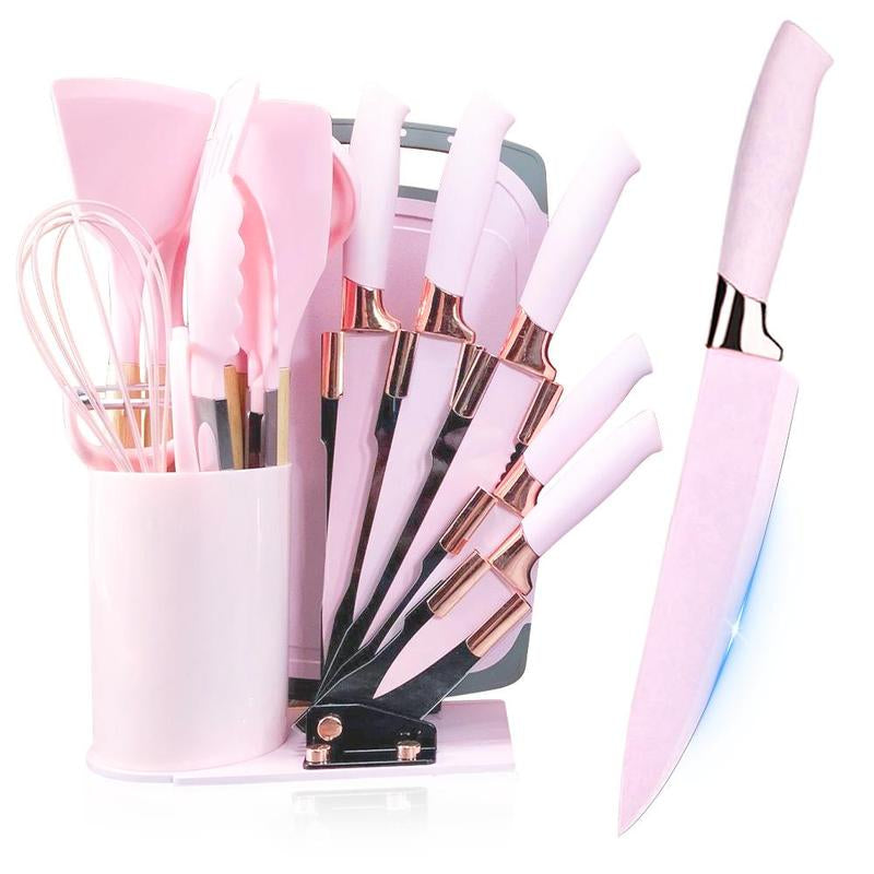 Pink Silicone Kitchen 20PCS Utensils Set with Knives Set and Block, Spatula Set, Baking and Cooking Utensils Set with Holder, Apartment Essentials Kitchen Tool Set