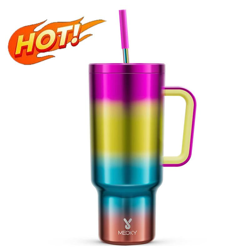 【24 Hour Shipping】Meoky Large-Capacity Stainless Steel Car Cup, Reusable Stainless Steel Straw, Anti-Slip and Noise-Reducing Silicone Pad, Tumbler Travel Mug/Cold Water for 24 Hours or Hot Water for 8 Hours,Suitable for Sports, Office, Christmas Gifts