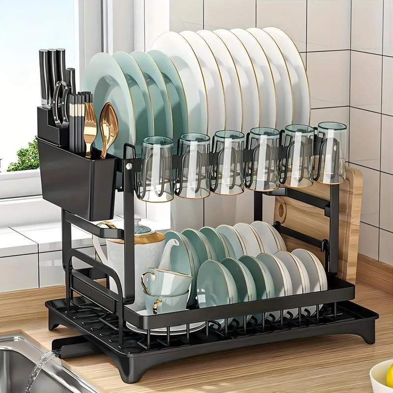 2-Tier Dish Drying Rack, Dish Drying Organiser with Drainboard,Detachable Dish Drainer Organizer, ,Kitchen Cutlery Room Organizer,