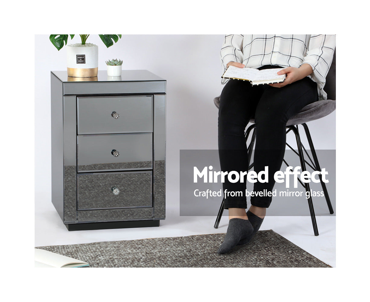 Bedside Table 3 Drawers Mirrored - PRESIA Grey