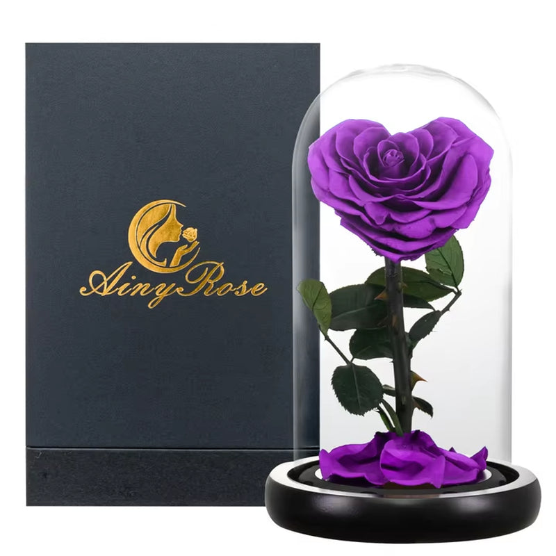 Heart Shaped Preserved Rose Beauty and the Beast Eternal Rose in Glass Dome Wedding Forever Flowers Valentines Christmas Gifts