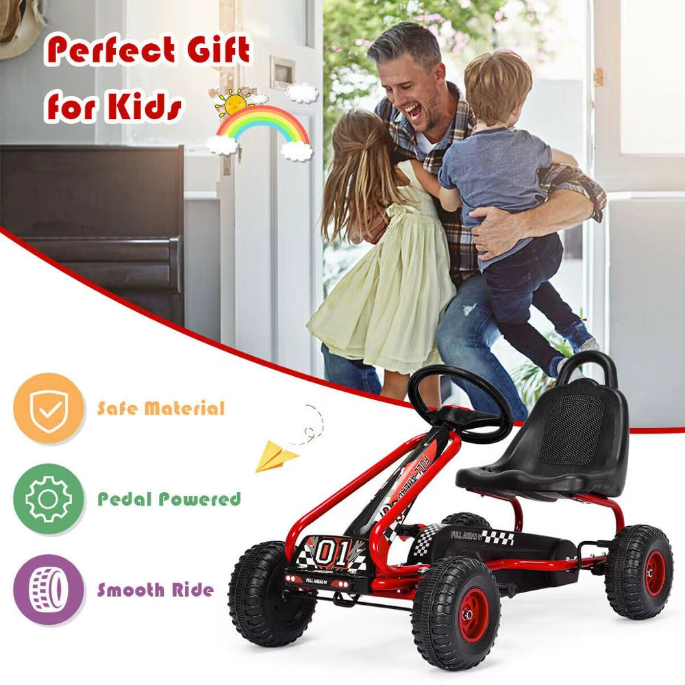 Kids Pedal Go Kart 4 Wheel Ride on Toys W/ Adjustable Seat & Handbrake