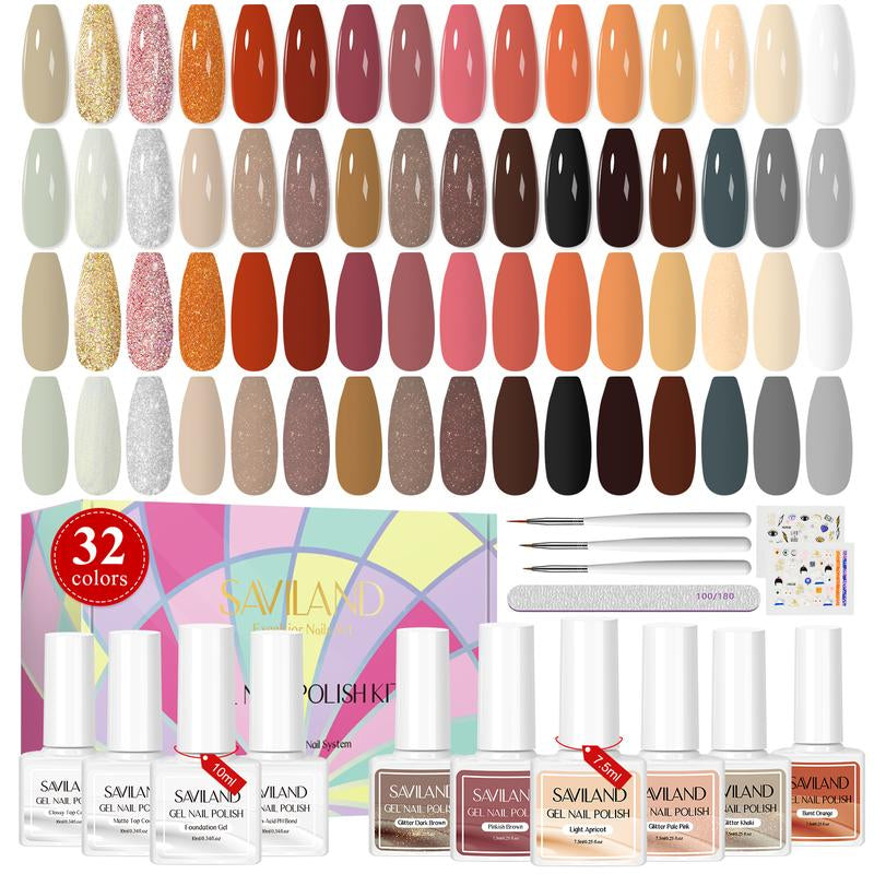 SAVILAND 42PCS Gel Nail Polish Kit, 32 Colors Fall Gel Polish Set Brown Black Glitter Soak off Gel Polish with PH Bond Base Top Matte & Glossy Polish Coat, Manicure Kit for Salon Home Day Gift Women Nail Art Nail Care