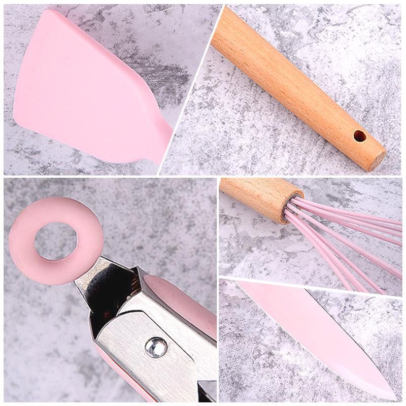 Pink Silicone Kitchen 20PCS Utensils Set with Knives Set and Block, Spatula Set, Baking and Cooking Utensils Set with Holder, Apartment Essentials Kitchen Tool Set