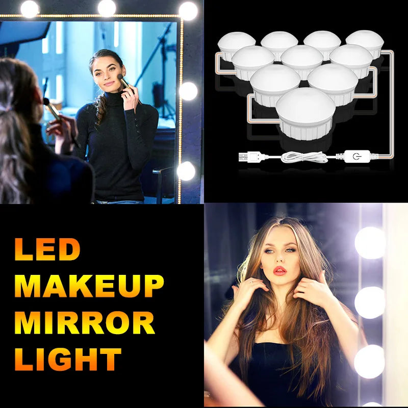 LED Makeup Mirror Light Bulbs USB Hollywood Vanity Make up Mirror Lights Bathroom Dressing Table Lighting Dimmable LED Wall Lamp