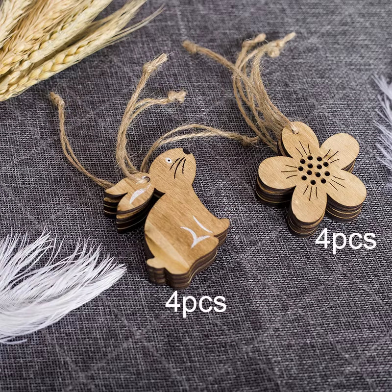 8PCS Easter Wooden Decoration Pendant Easter Rabbit Chick Eggs DIY Wood Crafts Happy Easter Party Home Decoration Kids Toys