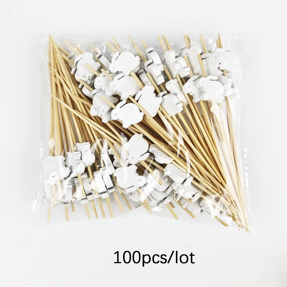 50/100Pcs Easter Disposable Bamboo Skewers Rabbit Easter Eggs Fruit Fork Food Picks Sandwich Buffet Stick Easter Decoration 2025