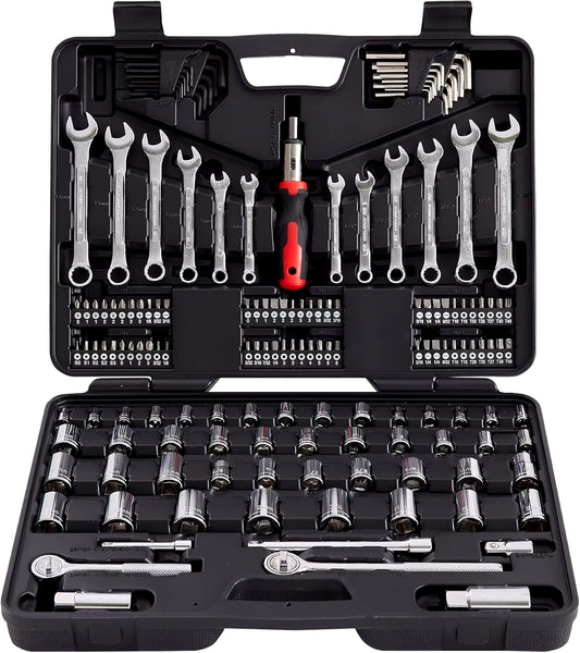 161 Piece MECHMAX Mechanic Tool Socket Set 1/2, 3/8 and 1/4 Inch Drive SAE & Metric Size W/ Tool Box Storage Case USA