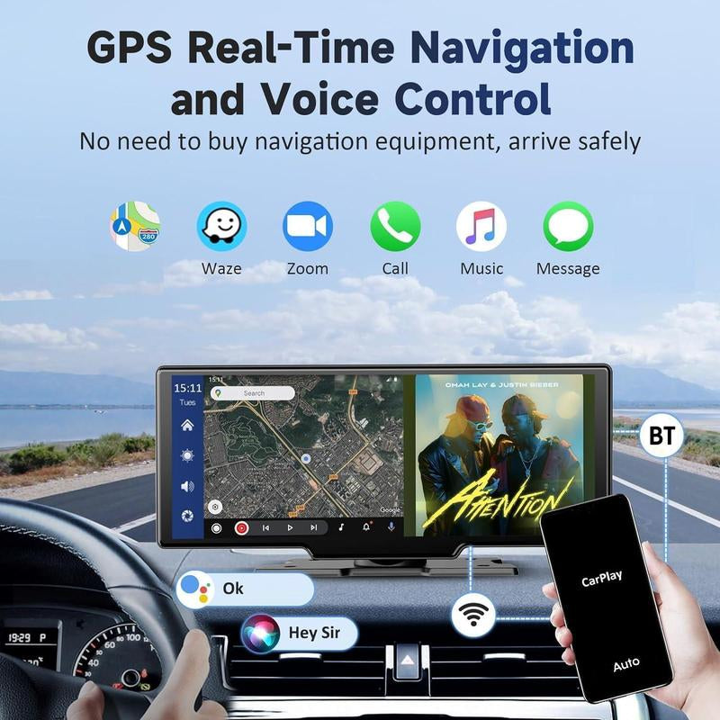 10.26 Inch Car Video Player, Wireless Portable Car Player with 2.5K Instrument Car Camera & 1080P Rearview Camera, Car Entertainment Player