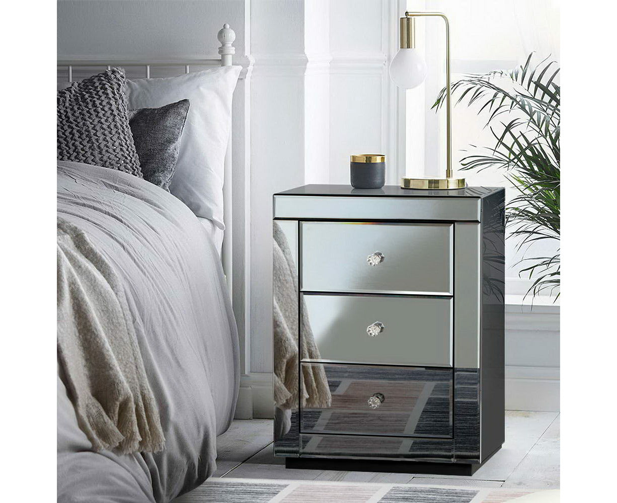 Bedside Table 3 Drawers Mirrored - PRESIA Grey