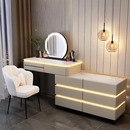 Vanity - Makeup Vanity Table with Drawers and LED Lights - Includes Chair and Smart Makeup Mirror, Solid Wood Vanity for Bedroom