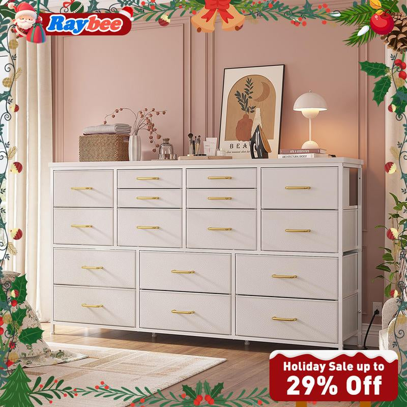 Raybee Furniture Wide Dresser with 16 Drawers, Multifunctional TV Stand with Charging Station & USB Ports for Living Room, Bedroom & Closet