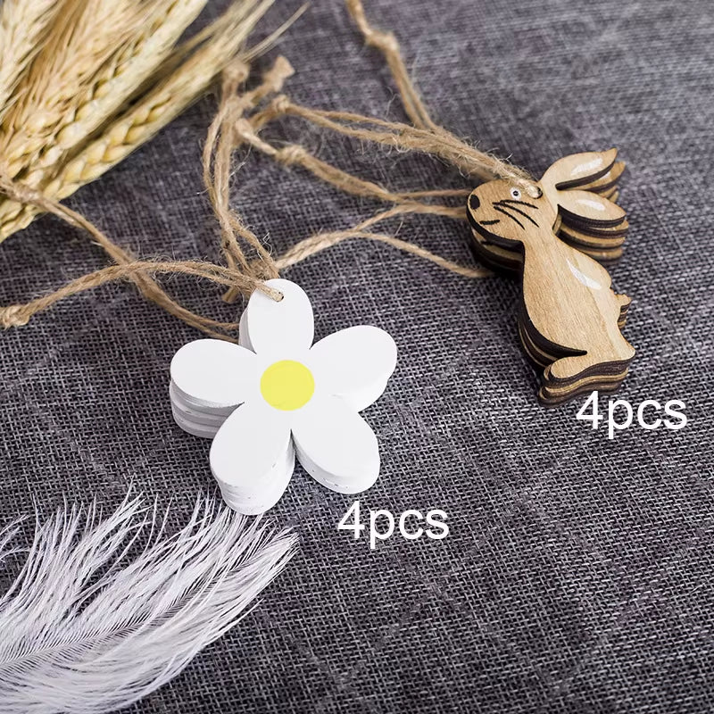 8PCS Easter Wooden Decoration Pendant Easter Rabbit Chick Eggs DIY Wood Crafts Happy Easter Party Home Decoration Kids Toys