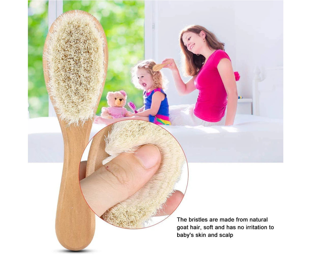 Baby Head Brush, Kids Soft Goat Hair Comb Wood Bristles Infant Massage Scrub Tool Newborn Shower