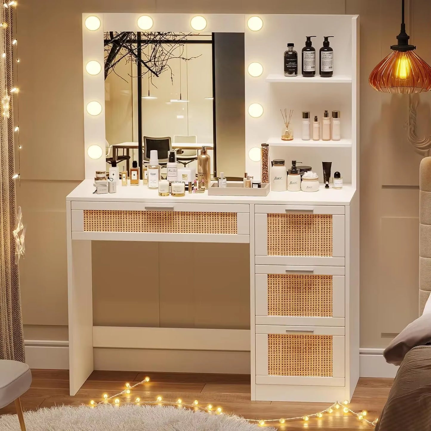 Makeup Vanity Table with Lighted Mirror, Makeup Vanity Desk with Storage Shelf and 4 Drawers, Bedroom Dressing Table