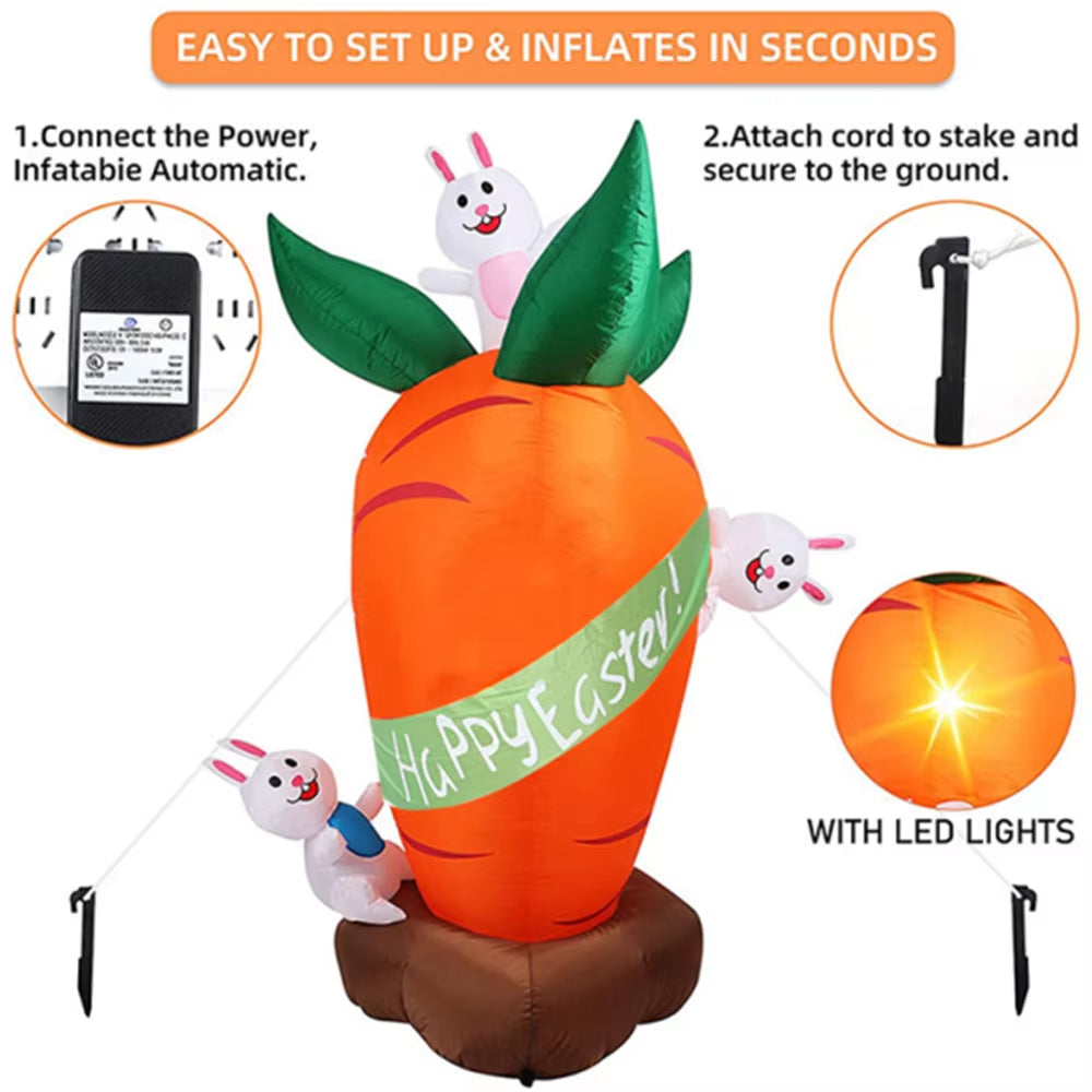 1.8M Inflatable Carrot Rabbit Easter Decoration Outdoor Blowing-Up Easter Rabbit Built-In LED Lights Bunny Easter Party Ornament