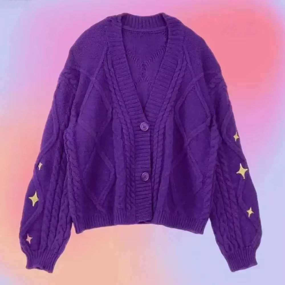 Speak Now Cardigan TS Golden Star Embroidery Button up Purple Sweater TV Album Cardigan Gift Fall Winter Vintage Outfit