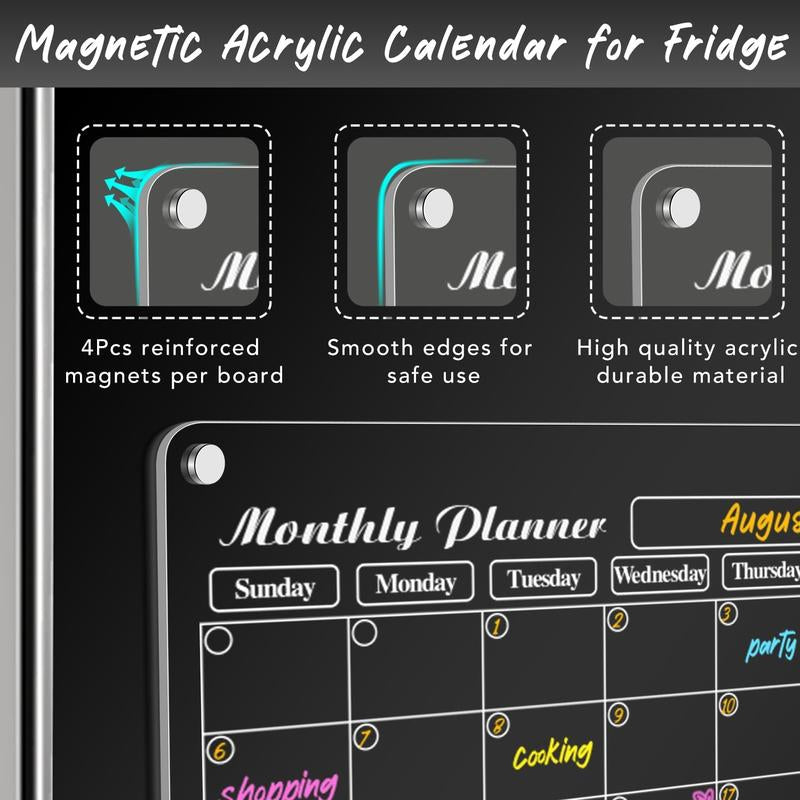 4Pcs Acrylic Magnetic Dry Erase Calendar for Fridge, Clear Acrylic Calendar Planning Board Set Magnetic Weekly Monthly Planner Menu for Refrigerator with 6 Highlight Markers Decor Metal