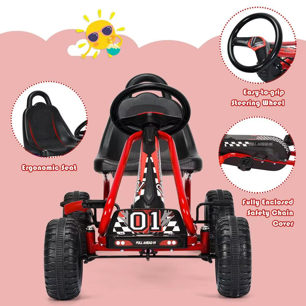 Kids Pedal Go Kart 4 Wheel Ride on Toys W/ Adjustable Seat & Handbrake