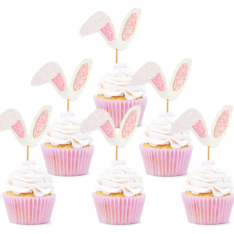 Cute Easter Bunny Ears Cupcake Toppers Happy Easter Rabbit Cake Topper Food Picks for Kids Birthday Easter Party Decorations