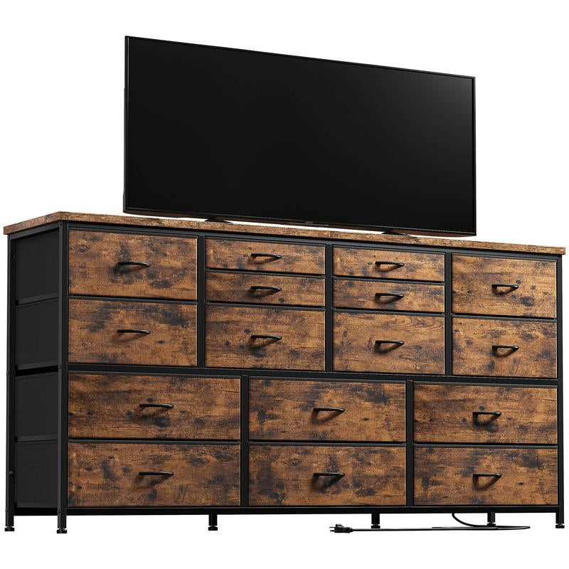 Raybee Furniture Wide Dresser with 16 Drawers, Multifunctional TV Stand with Charging Station & USB Ports for Living Room, Bedroom & Closet