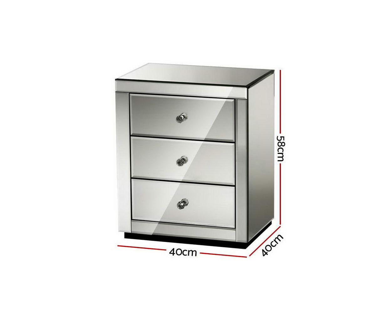 Bedside Table 3 Drawers Mirrored - PRESIA Grey