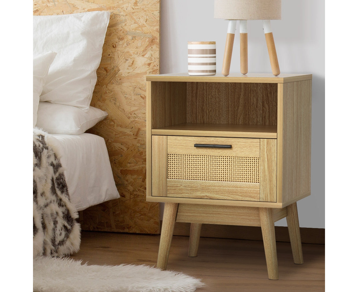 Rattan Bedside Table 1 Drawer with Shelf - REI Oak