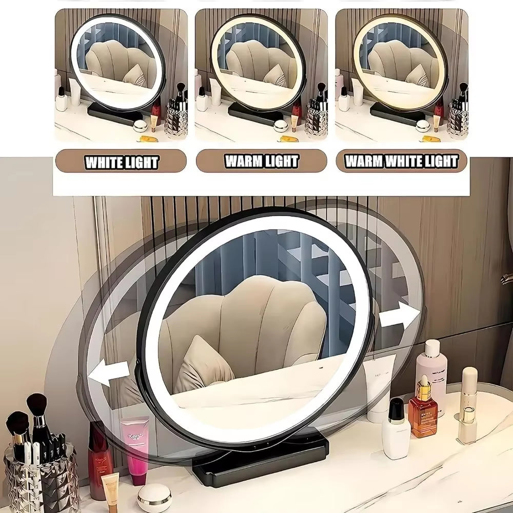 Vanity - Makeup Vanity Table with Drawers and LED Lights - Includes Chair and Smart Makeup Mirror, Solid Wood Vanity for Bedroom