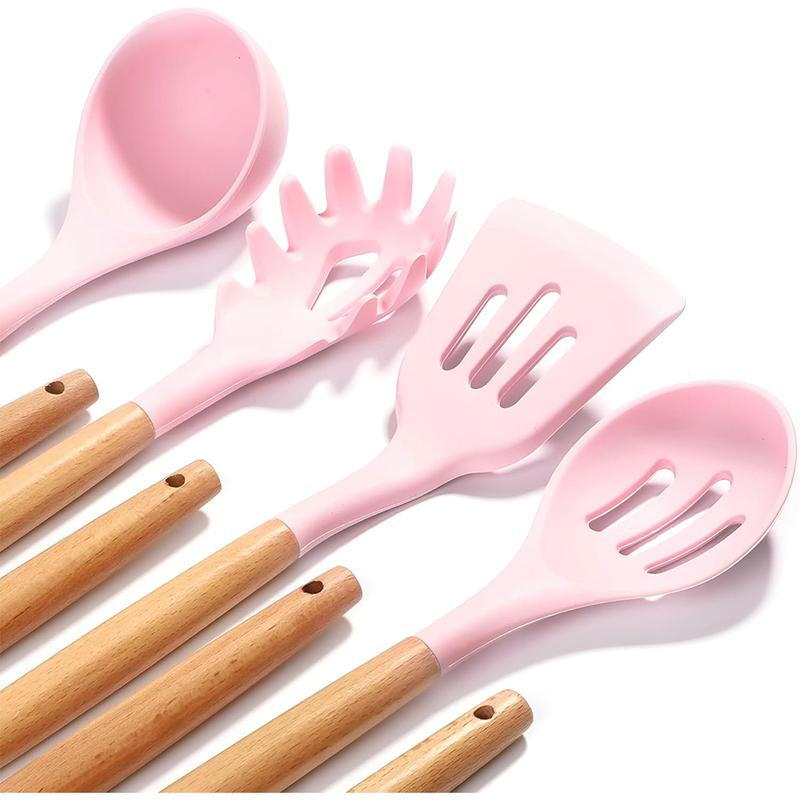 Pink Silicone Kitchen 20PCS Utensils Set with Knives Set and Block, Spatula Set, Baking and Cooking Utensils Set with Holder, Apartment Essentials Kitchen Tool Set