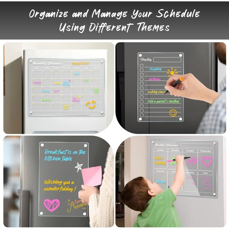 4Pcs Acrylic Magnetic Dry Erase Calendar for Fridge, Clear Acrylic Calendar Planning Board Set Magnetic Weekly Monthly Planner Menu for Refrigerator with 6 Highlight Markers Decor Metal