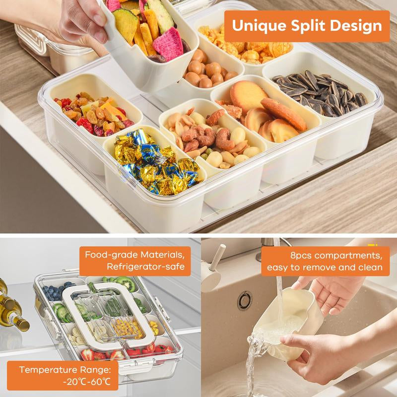 Divided Serving Tray with Lid and Handle,Portable Snackle Box Charcuterie Container Clear Snack Platter Food Storage Organizer 8 Compartment Travel Party Picnic Snack Box for Fruits Veggie Nuts Snacks