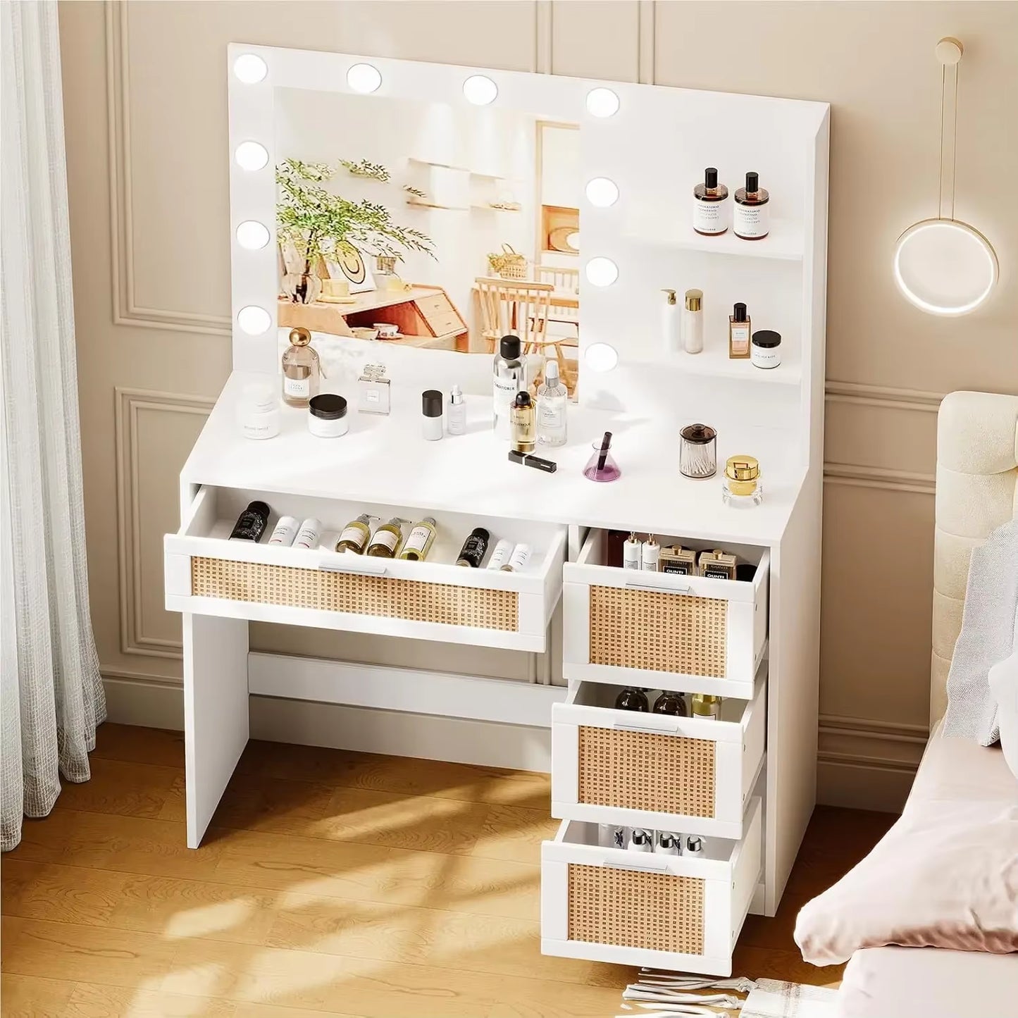 Makeup Vanity Table with Lighted Mirror, Makeup Vanity Desk with Storage Shelf and 4 Drawers, Bedroom Dressing Table