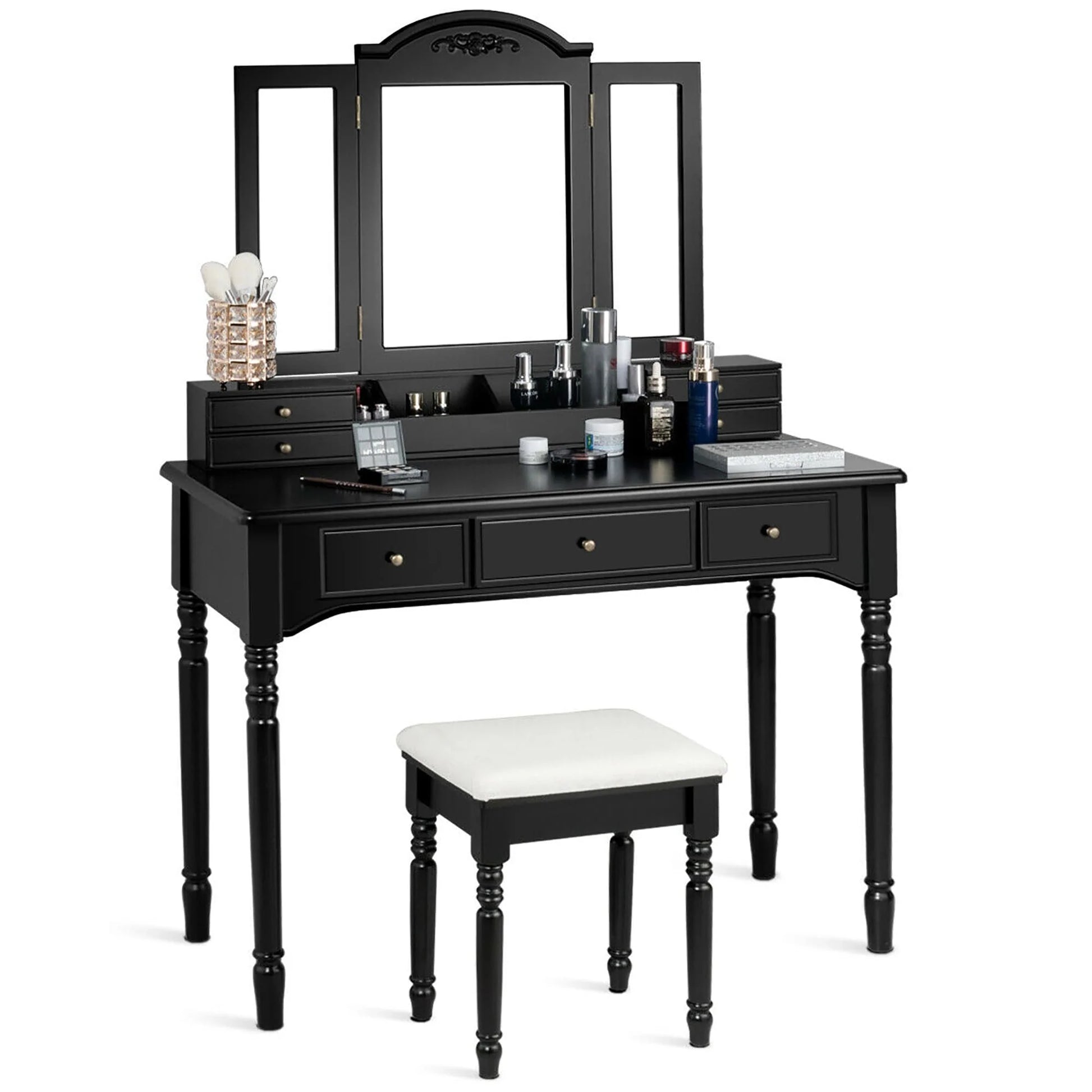 Tri-Folding Mirror Vanity Table Set with Stool