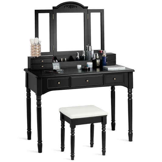 Tri-Folding Mirror Vanity Table Set with Stool