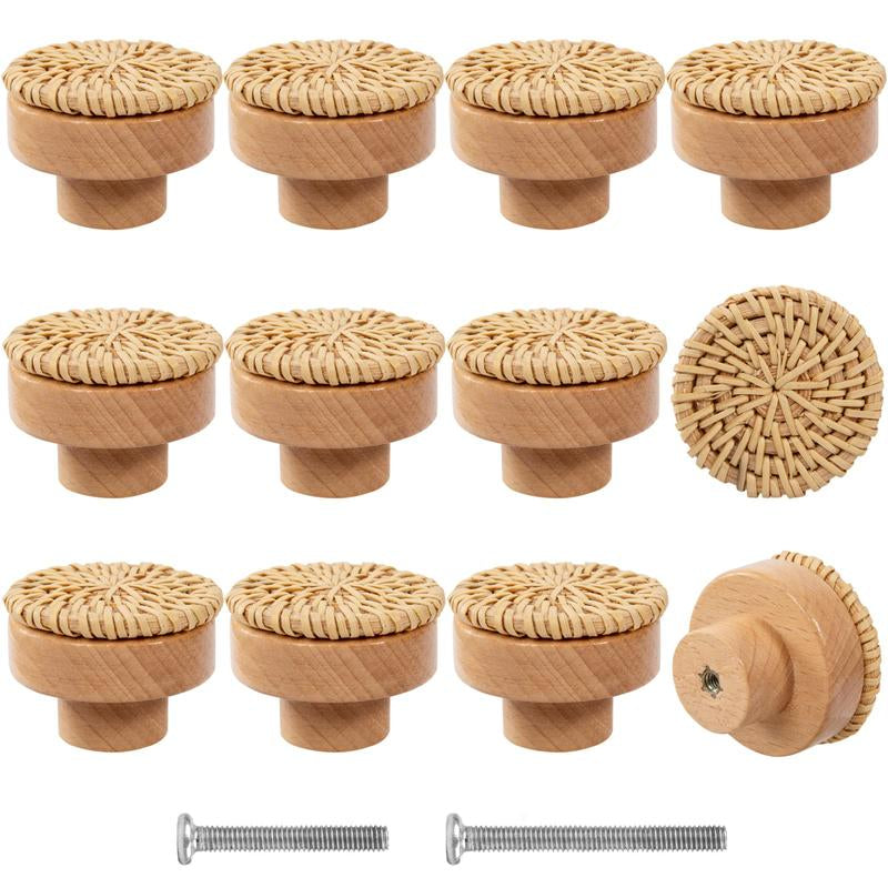 Boho Rattan Dresser Knobs- Durable Beech Wood Drawer Knobs, Decorative Handmade Wicker Woven Pulls with 12 Screws for Cabinets, Furniture (6 Pack)