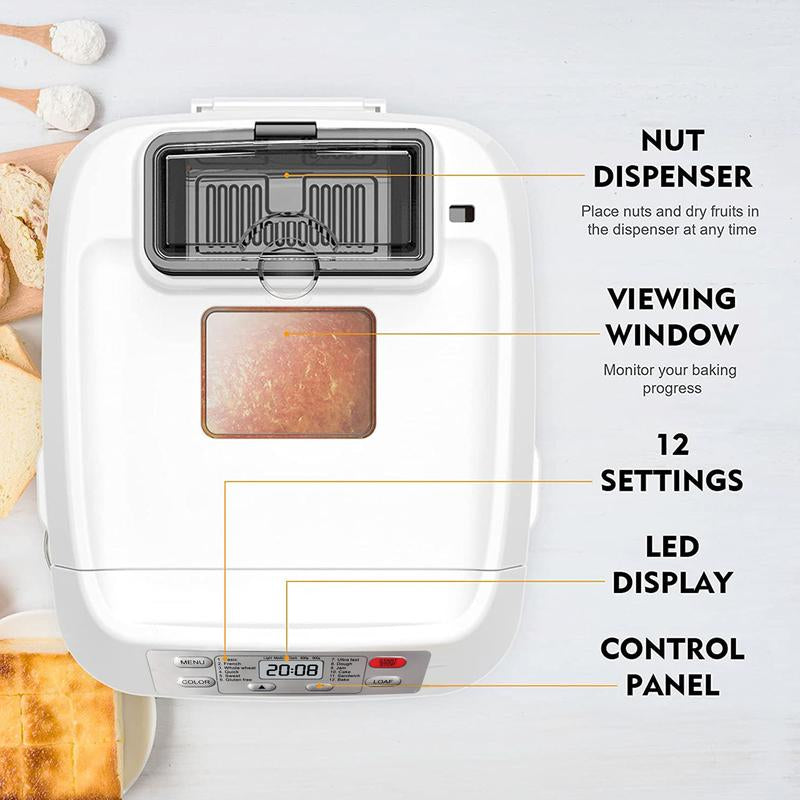 Automatic Bread Maker, up to 2LB, 12-In-1 Bread Machine with Auto Fruit Nut Dispenser, 13 H Timer, 1 H Keep Warm, Gluten-Free, 3 Crust Colors, White