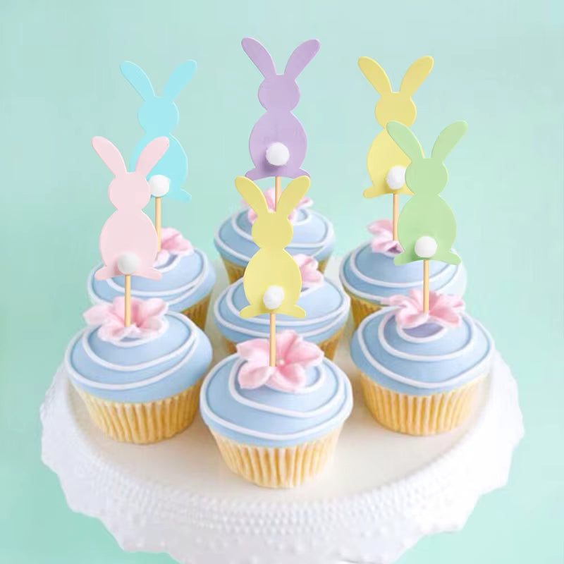 Cute Easter Bunny Ears Cupcake Toppers Happy Easter Rabbit Cake Topper Food Picks for Kids Birthday Easter Party Decorations