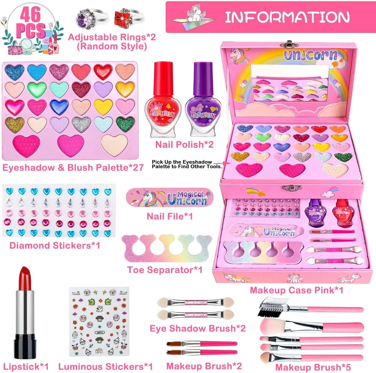 Kids Makeup Kit for Girl with Unicorn Box, Princess Toys Real Washable Cosmetic Set with Mirror & Rings, Safe & Non-Toxic, Play Make up Birthday Gifts for 3 4 5 6 7 8 9 10 11 12 Years Old Kid (Pink)