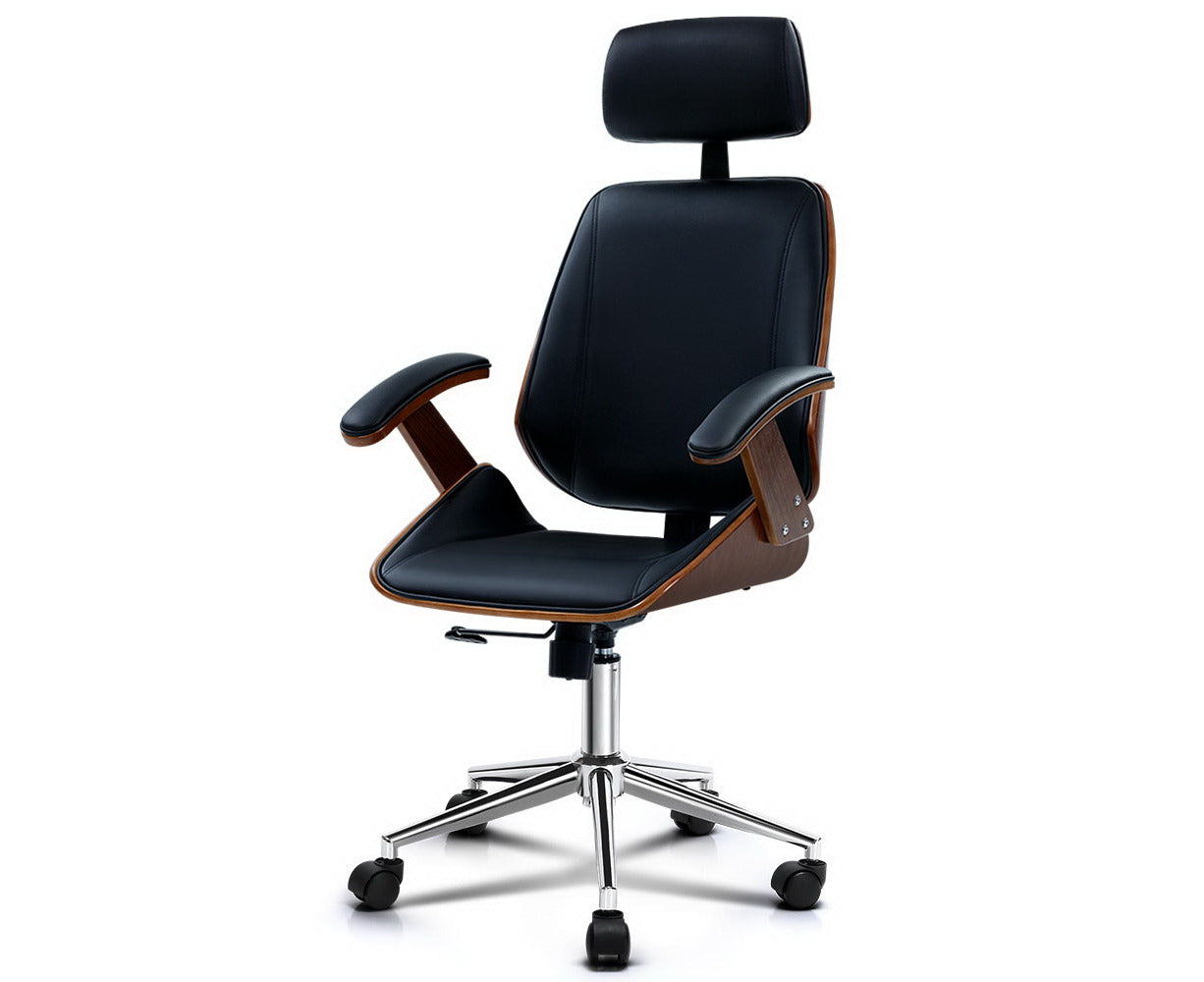 Wooden Office Chair Leather Seat Black