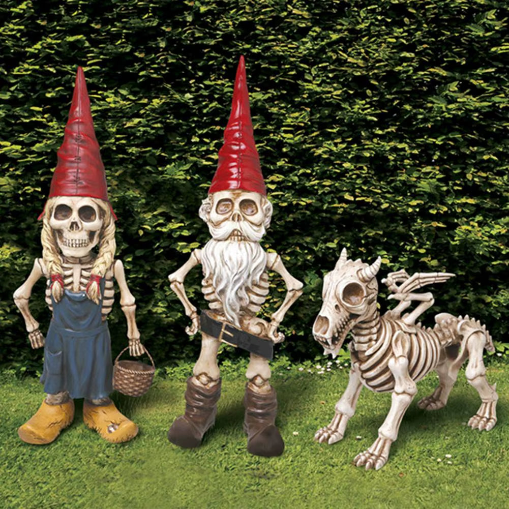 Halloween Scary Skeleton Gnome Garden Statue Yard Art Animal Toys Resin Horror Gnome Dog Home Party Shelf Decoration