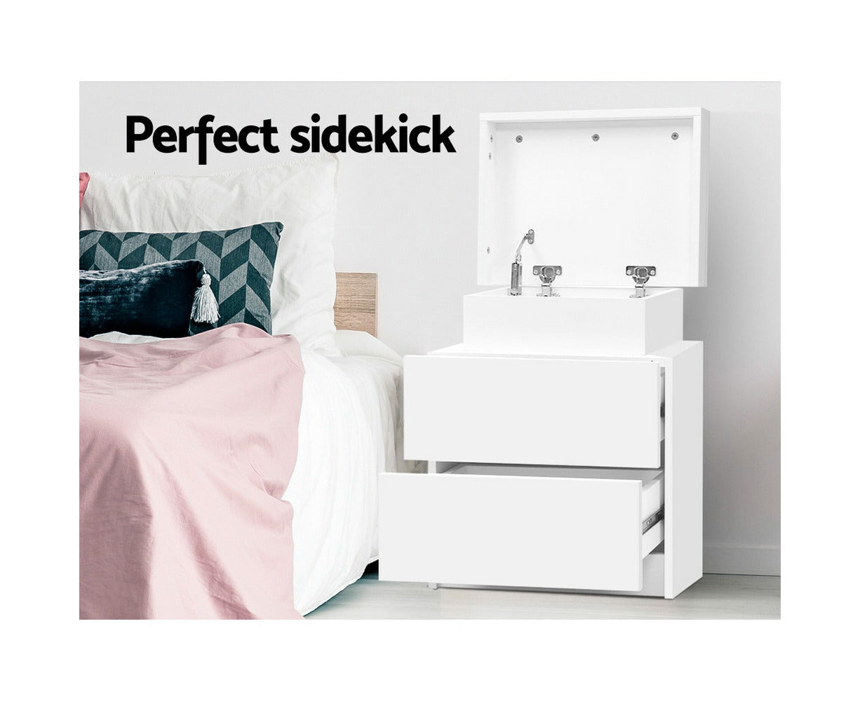 Bedside Table 2 Drawers Lift-Up Storage - COLEY White