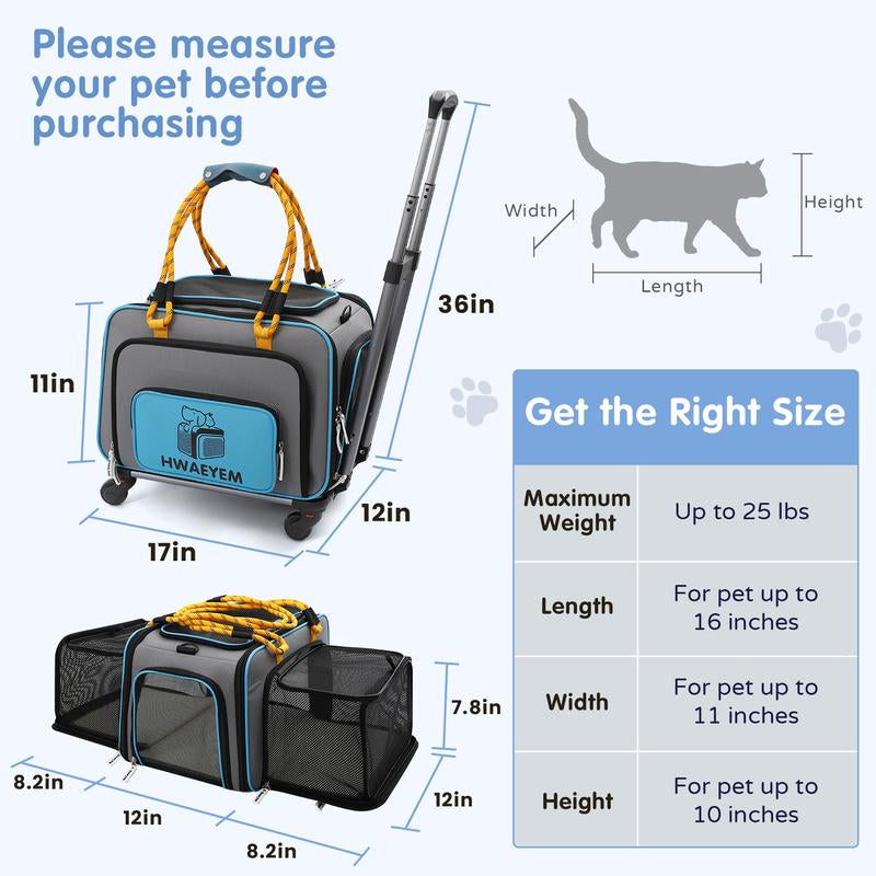 Airline Approved Dog Carrier for Small Dogs with Wheels, Expandable Cat Carrier Soft Pet Travel Carrier Crate for Medium Dogs and Cats under 25LBS (17 X 12 X 11 Inches)