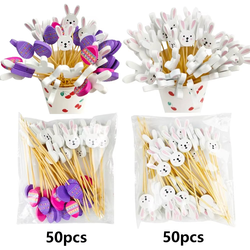 50/100Pcs Easter Disposable Bamboo Skewers Rabbit Easter Eggs Fruit Fork Food Picks Sandwich Buffet Stick Easter Decoration 2025