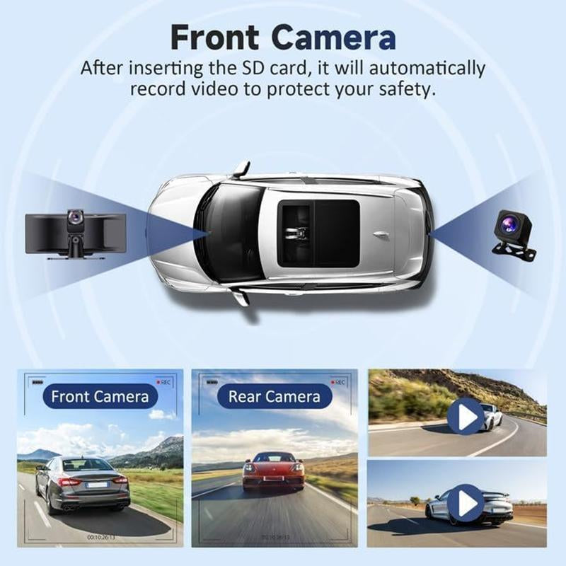 10.26 Inch Car Video Player, Wireless Portable Car Player with 2.5K Instrument Car Camera & 1080P Rearview Camera, Car Entertainment Player