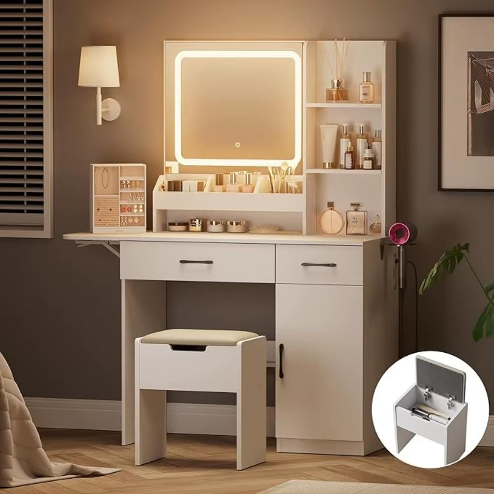 Vanity Desk with Mirror and Light, Makeup Vanity with Charging Station & Storage Stool, Vanity Table with 3 Drawers