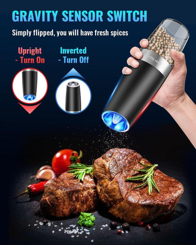 Gravity Electric Pepper and Salt Grinder Set with LED Light, Adjustable Coarseness, Battery Powered, One Hand Automatic Operation, Stainless Steel Black, 2 Pack Ceramic Kitchen Utensils Seasoning Button