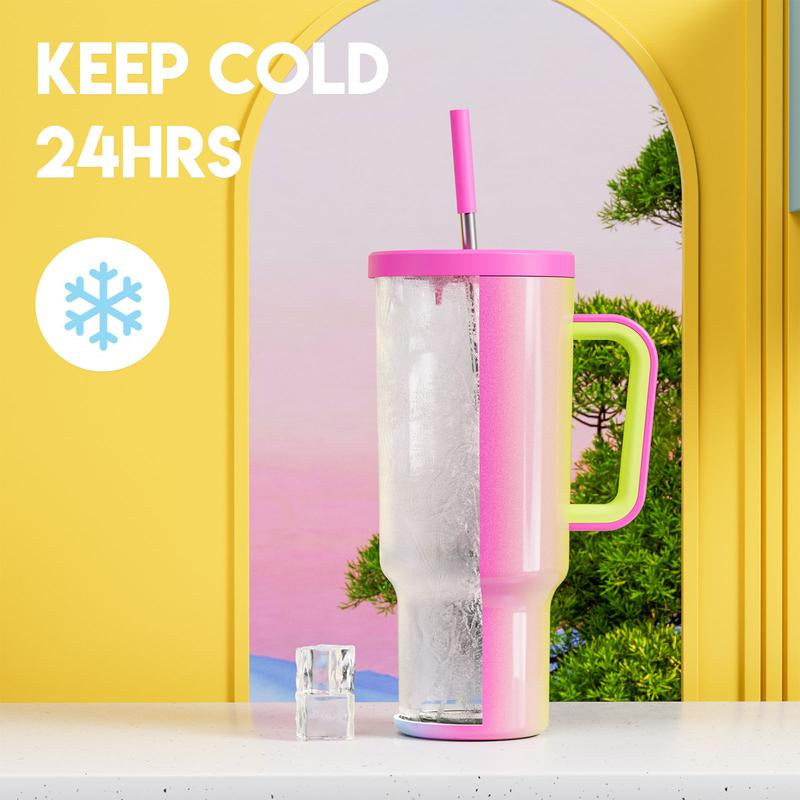 【24 Hour Shipping】Meoky Large-Capacity Stainless Steel Car Cup, Reusable Stainless Steel Straw, Anti-Slip and Noise-Reducing Silicone Pad, Tumbler Travel Mug/Cold Water for 24 Hours or Hot Water for 8 Hours,Suitable for Sports, Office, Christmas Gifts